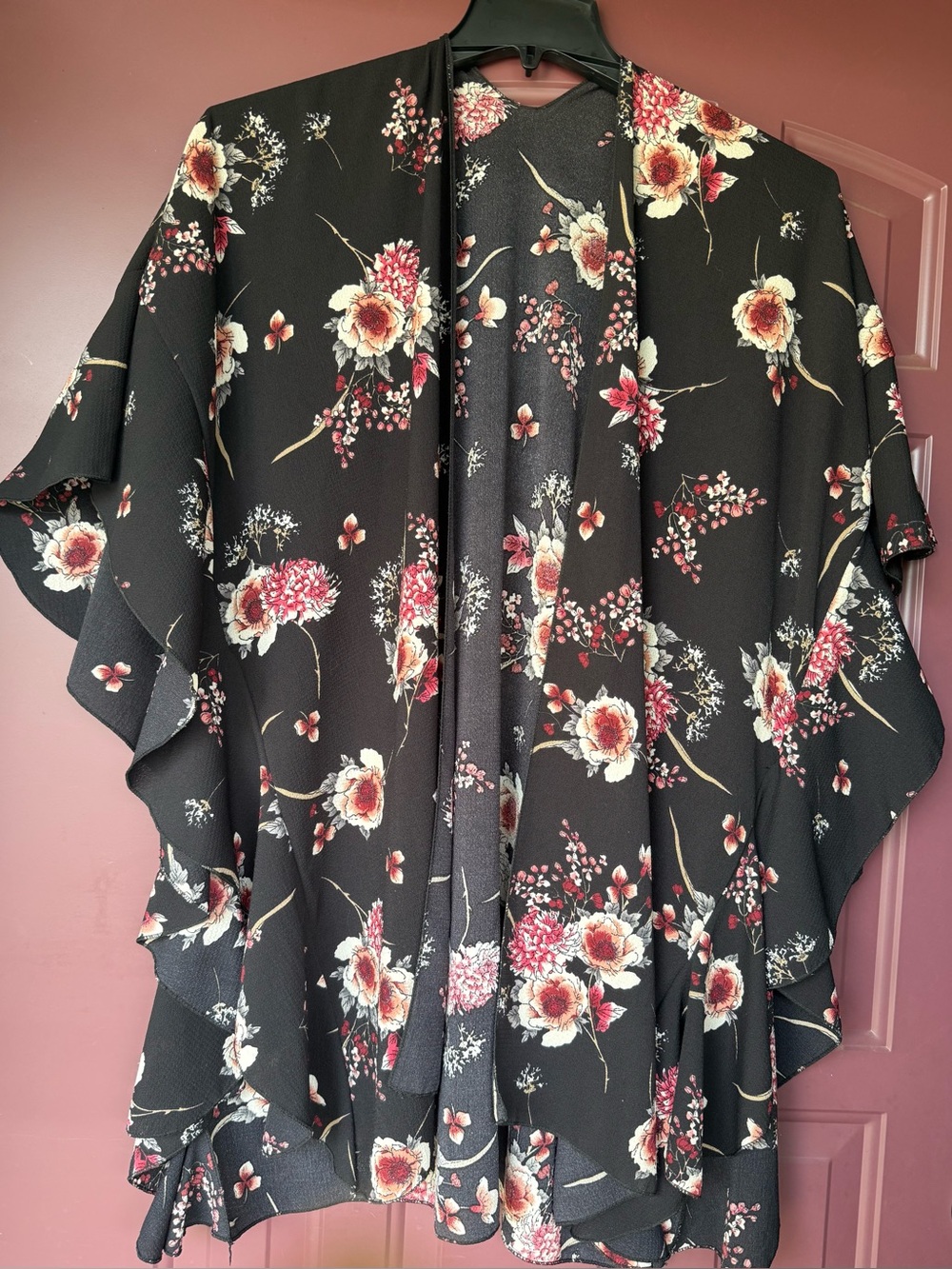 Black Floral Kimono Cover-Up with Pink and Cream Blooms